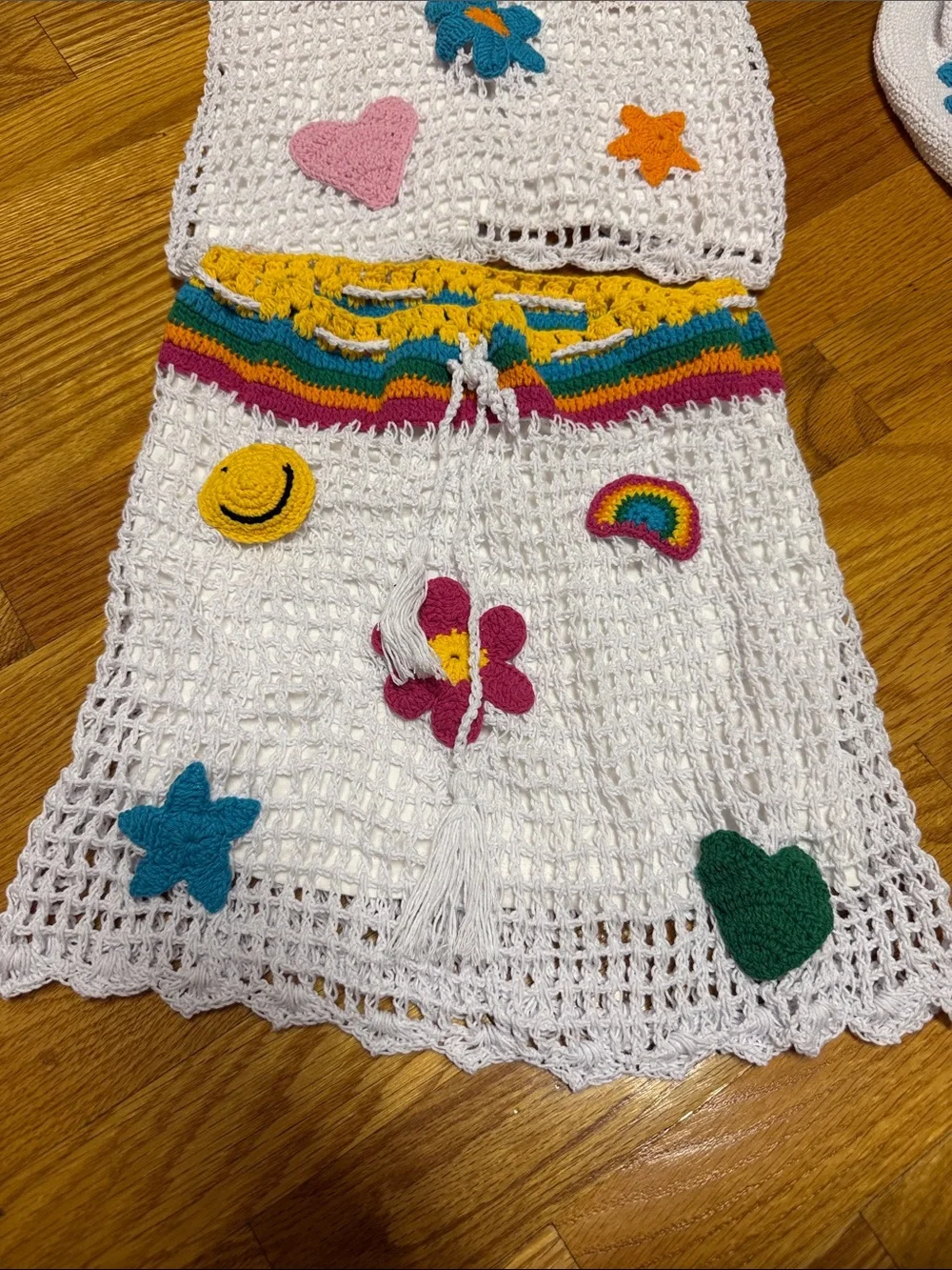 White Crochet Skirt & shirt with hat & bag